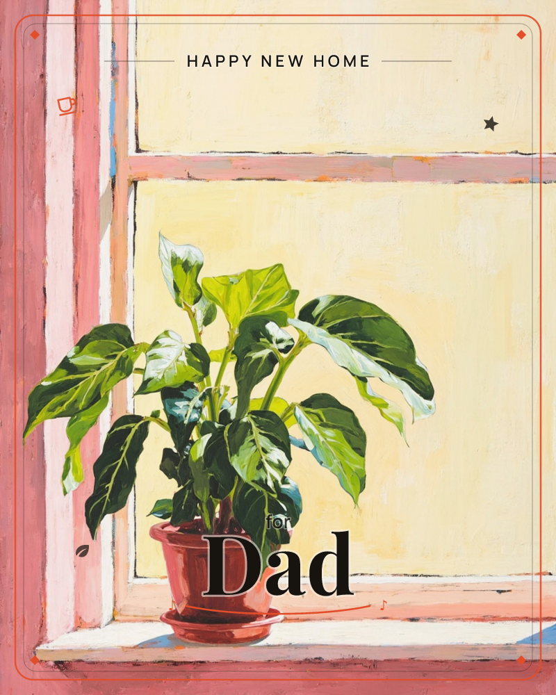 A leafy potted plant sits on a windowsill, its broad green leaves catching bright sunlight against a pale yellow wall and pink-painted window frame, a new home e-card design