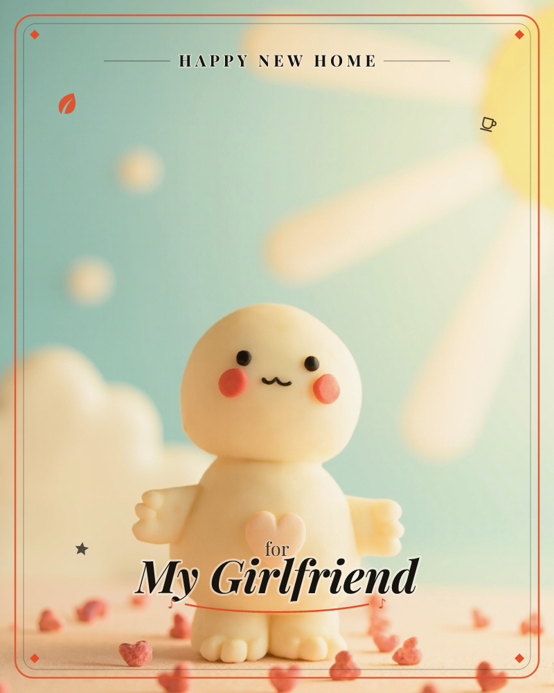 A small round clay figure with rosy cheeks and a heart on its belly stands beneath a beaming felt sun and a soft cloud against a pale teal sky, a new home e-card design
