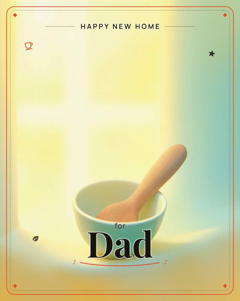 A small pale blue bowl with a wooden spoon rests on a sunlit windowsill, the glow from the window softening into hazy gold and mint light, a new home e-card design