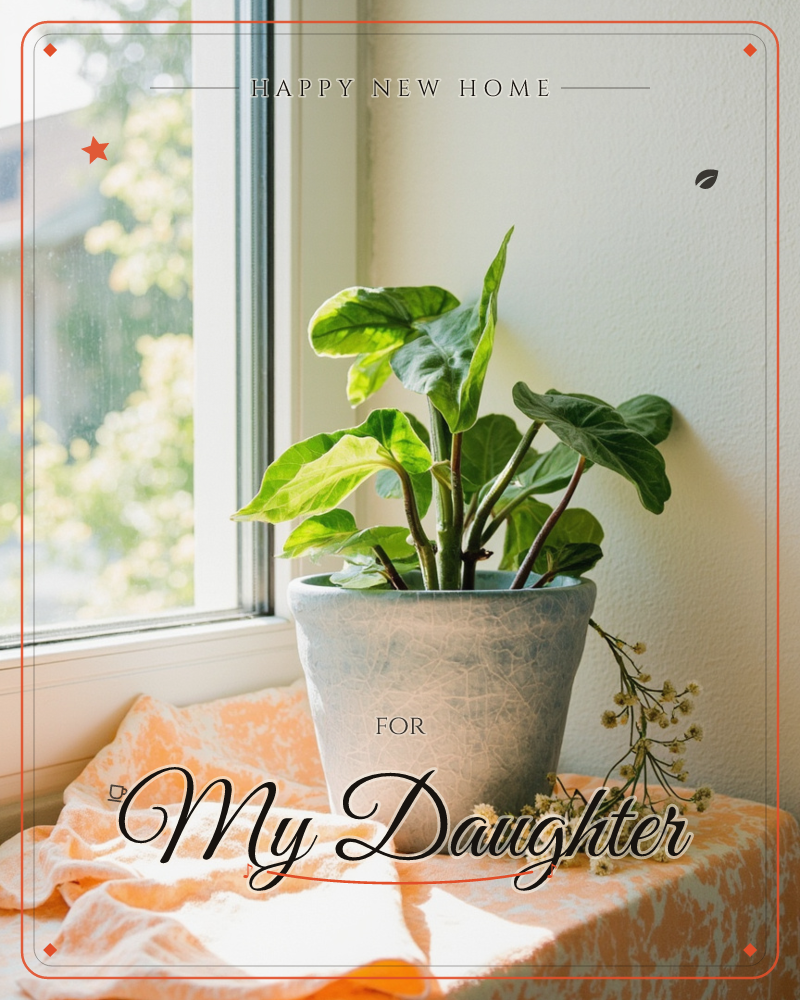 A leafy potted plant with arrow-shaped leaves sits on a sunlit windowsill draped in a peach patterned cloth, a sprig of tiny dried flowers resting…, a new home e-card design