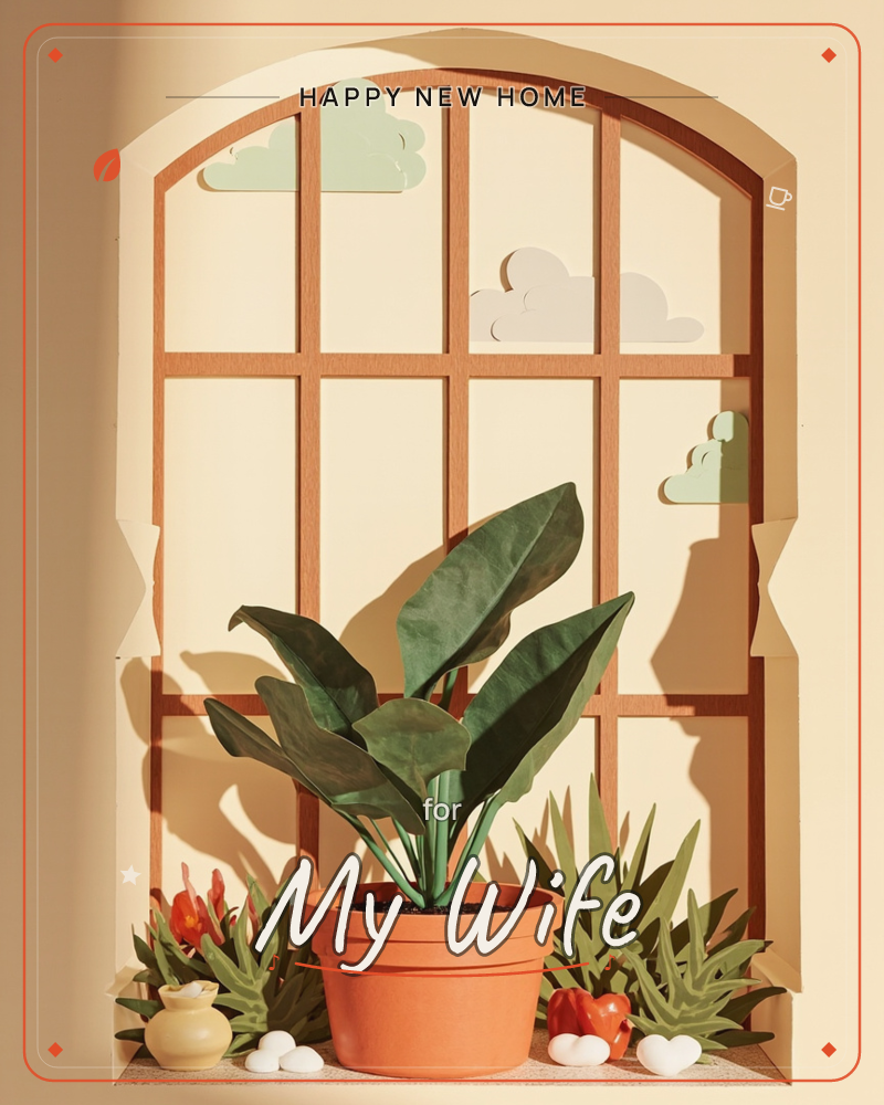 A paper-craft arched window frame sits against a warm terracotta wall, with cut-out clouds floating behind the glass panes, a new home e-card design