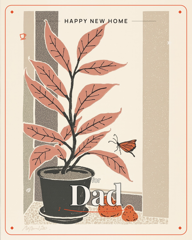 A potted plant with pink, black-veined leaves sits on a windowsill beside two speckled orange fruits and a small orange butterfly hovering nearby, a new home e-card design