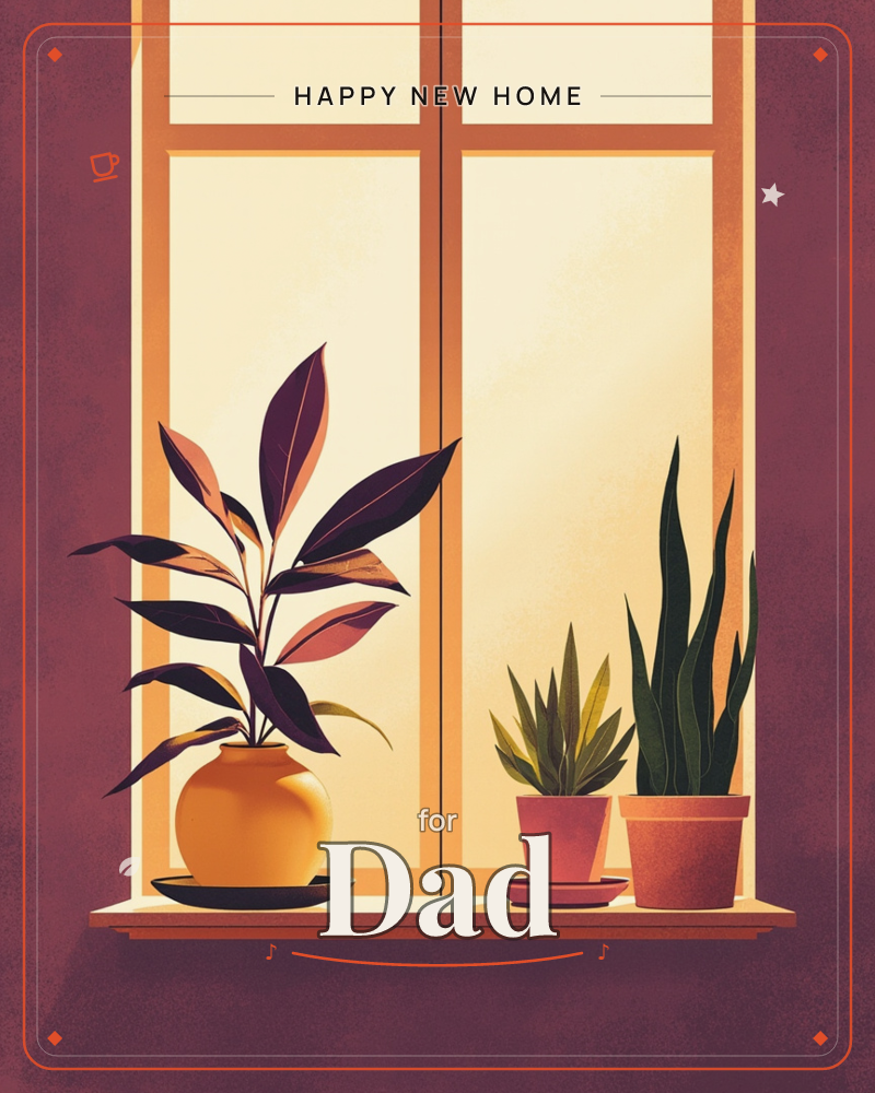 A windowsill glows with warm amber light streaming through tall paned windows, silhouetting three potted plants against the golden glass, a new home e-card design