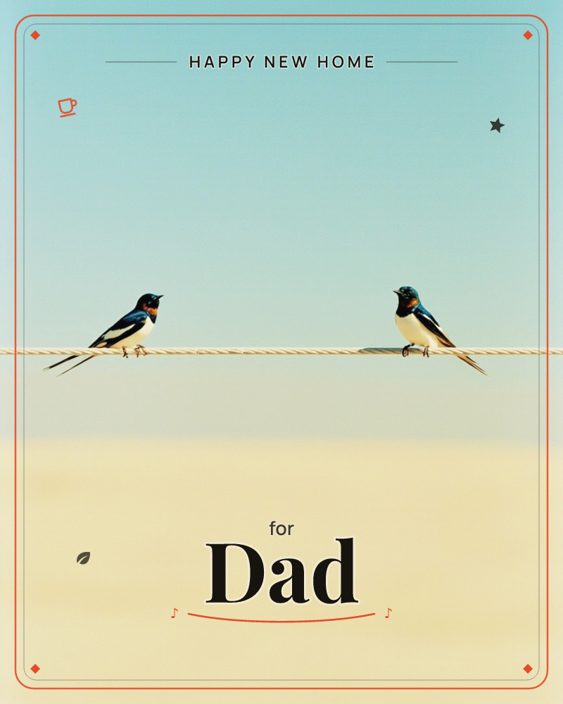 Two swallows perch on a single twisted wire, facing each other across a stretch of empty space, set against a pale blue sky fading into a soft sandy…, a new home e-card design