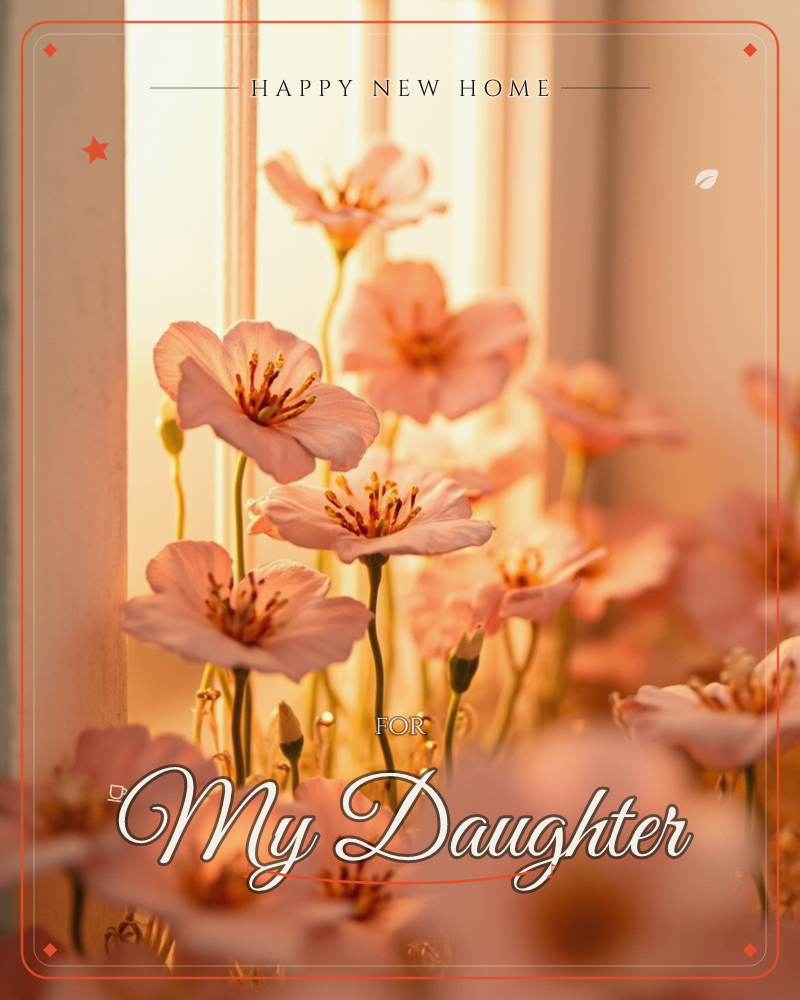 Delicate pink poppies cluster along a sunlit windowsill, their papery petals glowing as golden light streams through the panes behind them, a new home e-card design