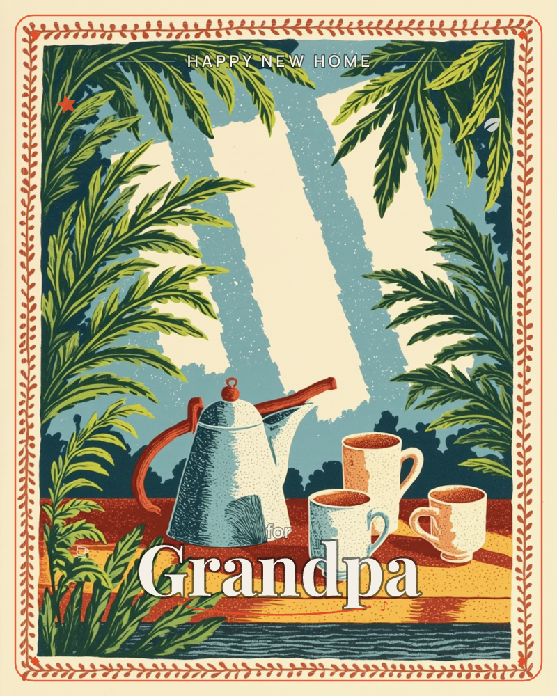 A blue enamel coffee pot sits on an orange-striped table with three mugs beside it, framed by feathery palm fronds against a pale sky, a new home e-card design