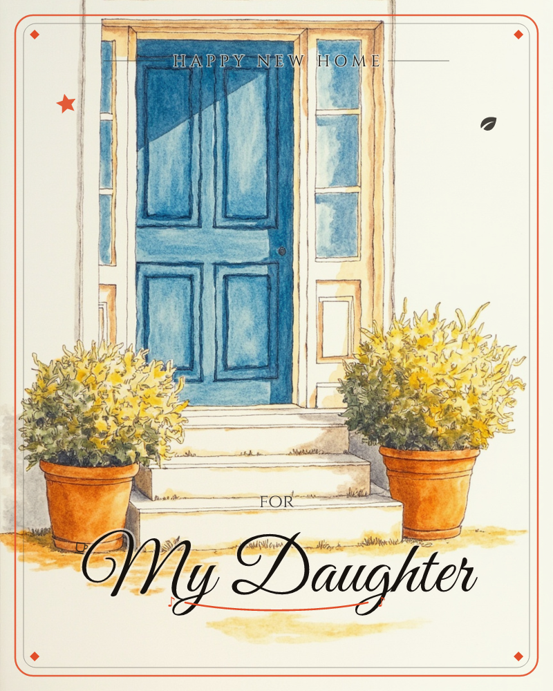A watercolour front doorway with a glossy blue panelled door and glass sidelights, framed in cream trim, a new home e-card design