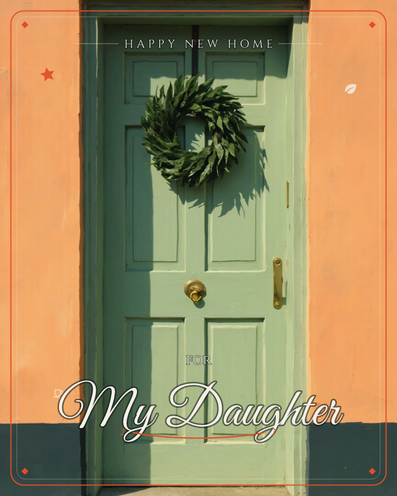 A sage-green paneled door is set into a warm terracotta wall, sunlight raking across the surface to throw deep shadows, a new home e-card design