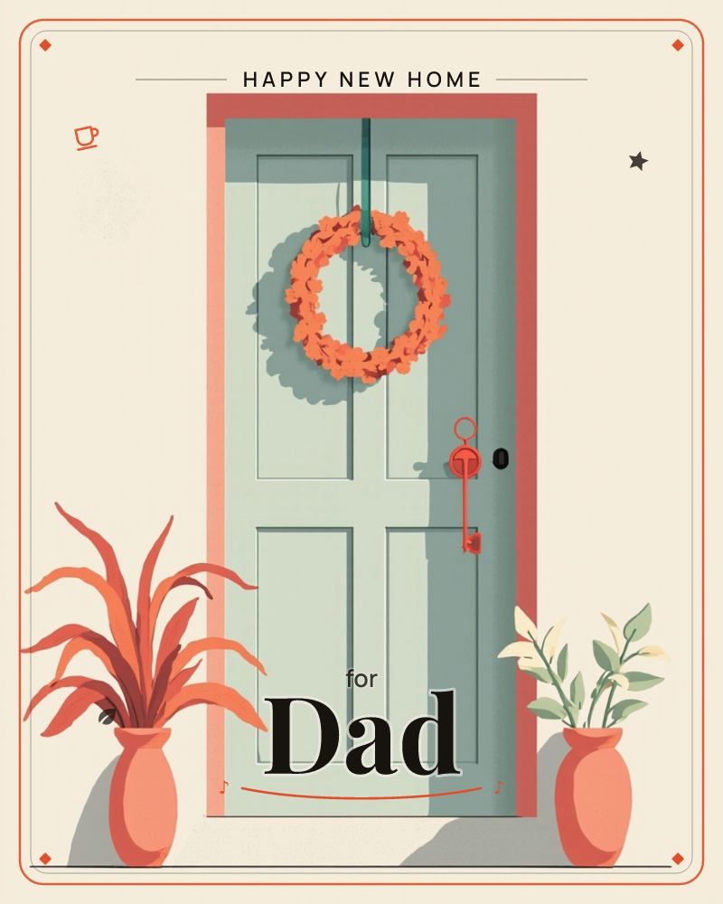 A pale sage-green front door sits framed in coral pink, an orange leaf wreath hanging from a green ribbon at its centre, a new home e-card design
