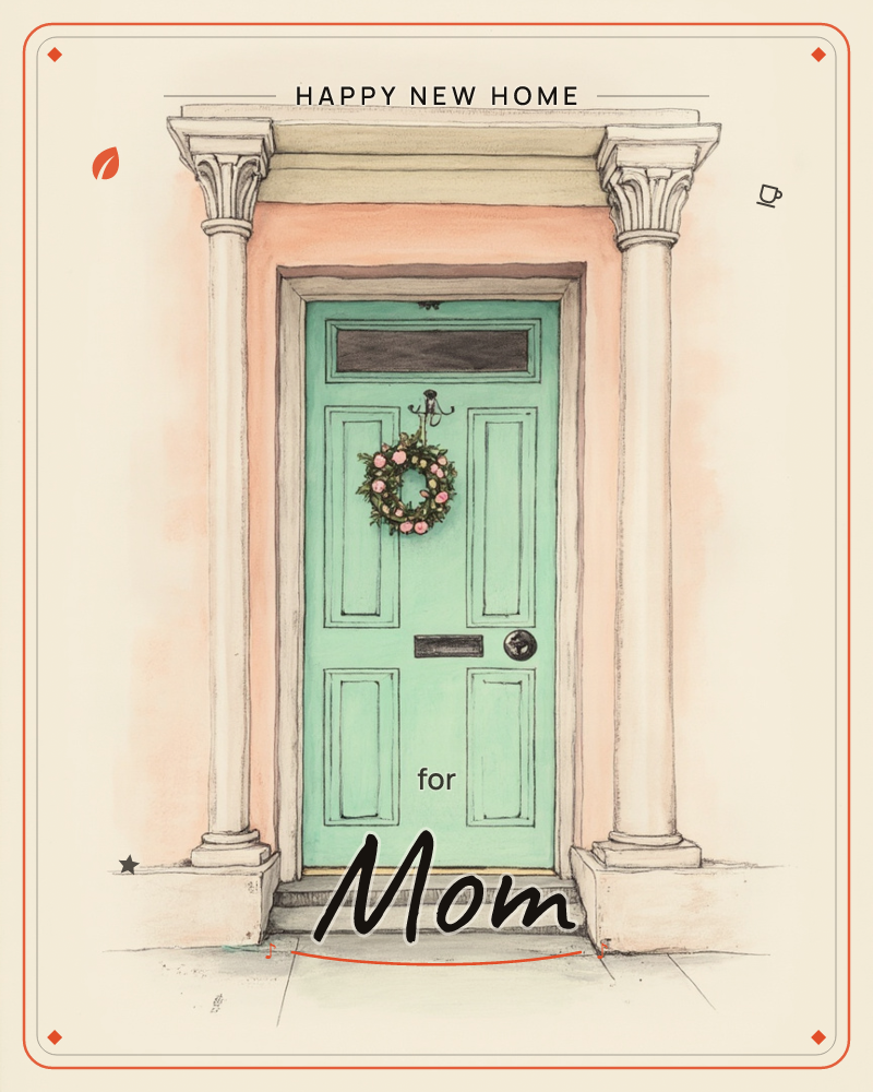 An illustrated townhouse doorway with a mint-green panelled door set between two white classical columns, framed by a coral-pink façade, a new home e-card design