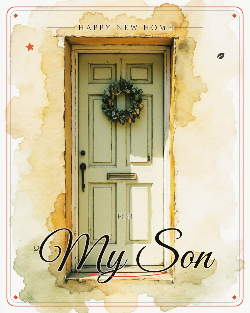 A pale sage-green panelled front door sits within a mustard-yellow watercolour wash, sunlight raking across its surface to cast long shadows, a new home e-card design
