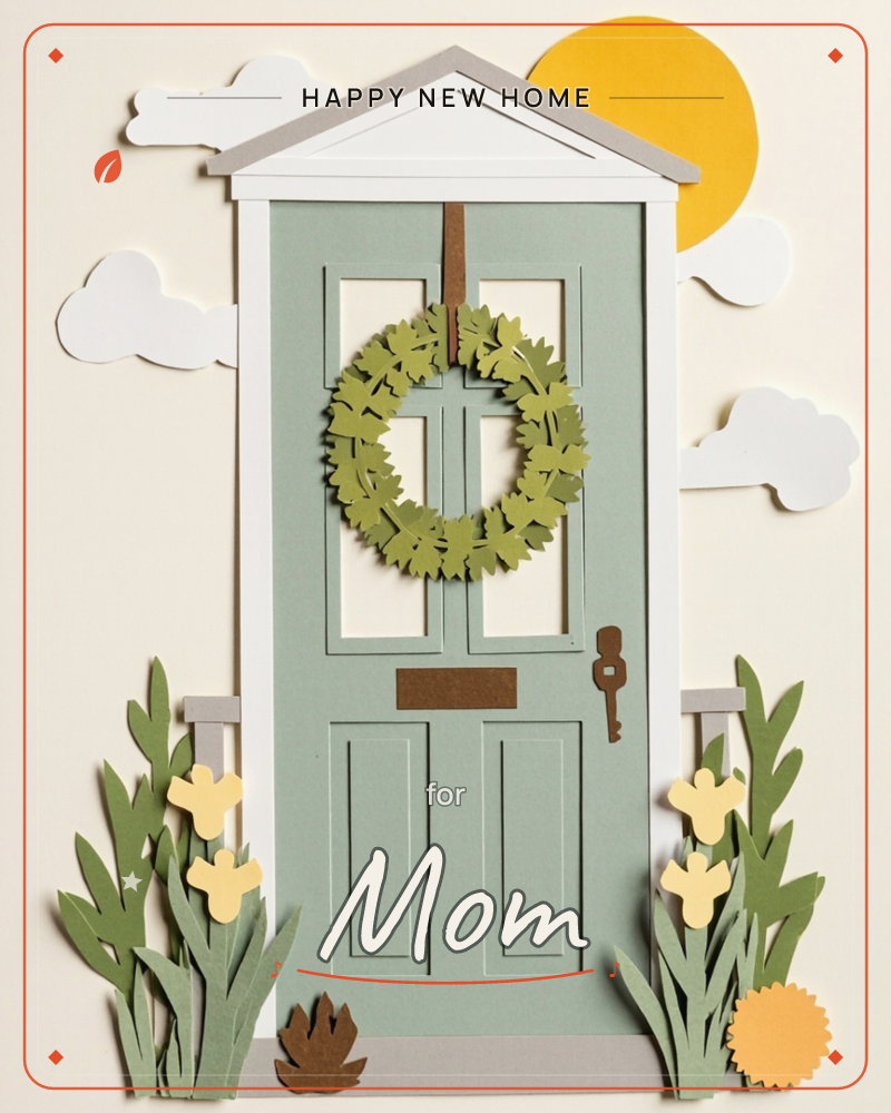 A paper-craft illustration shows a sage-green front door with a triangular pediment roof, a green leafy wreath hung on brass hooks, and a brass key in…, a new home e-card design