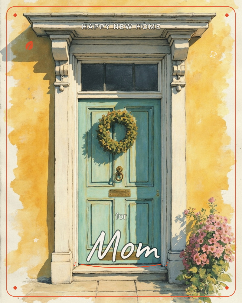 A painted teal front door sits framed by white classical pillars and a fanlight window, set into a mustard-yellow textured wall, a new home e-card design