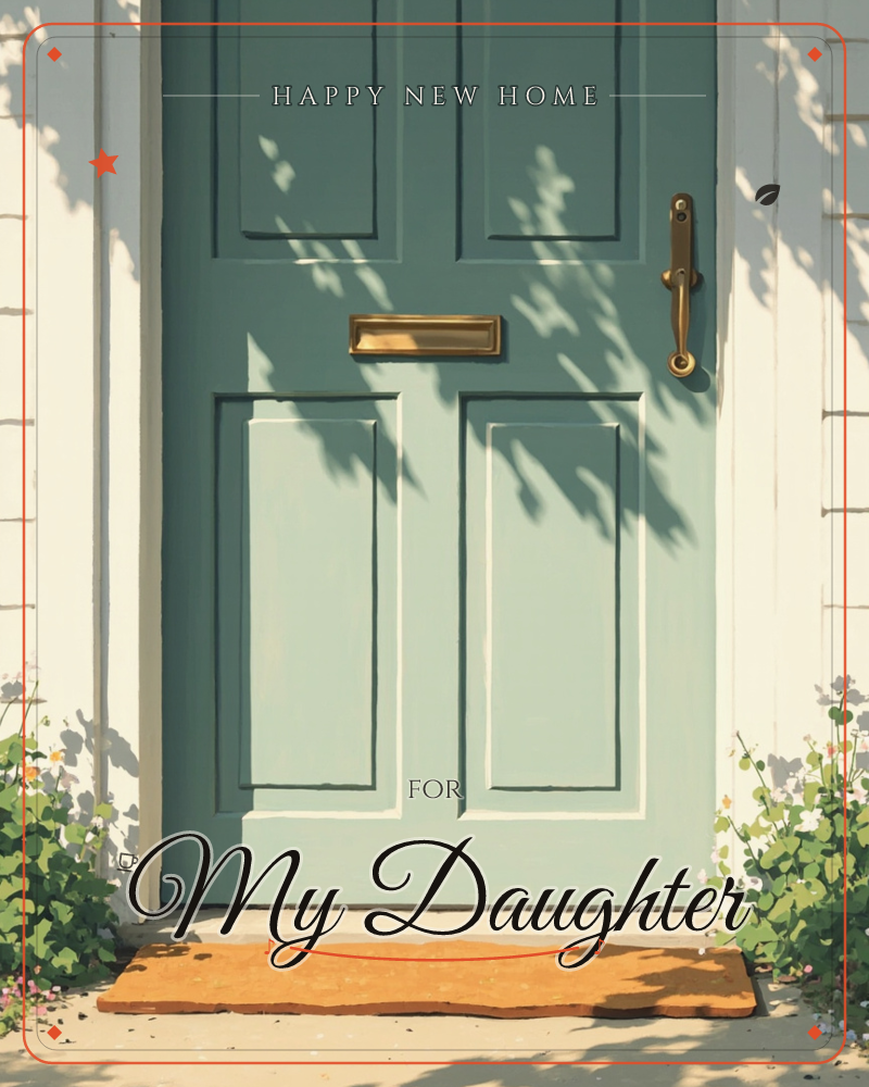 A sage-green front door sits framed by white clapboard siding, its brass handle and mail slot catching warm afternoon sun, a new home e-card design