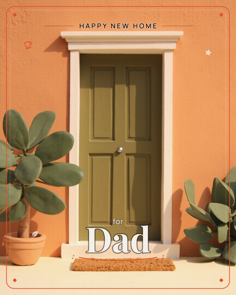 A miniature olive-green front door sits framed in white trim against a warm terracotta wall, flanked by potted plants with rounded, waxy leaves, a new home e-card design