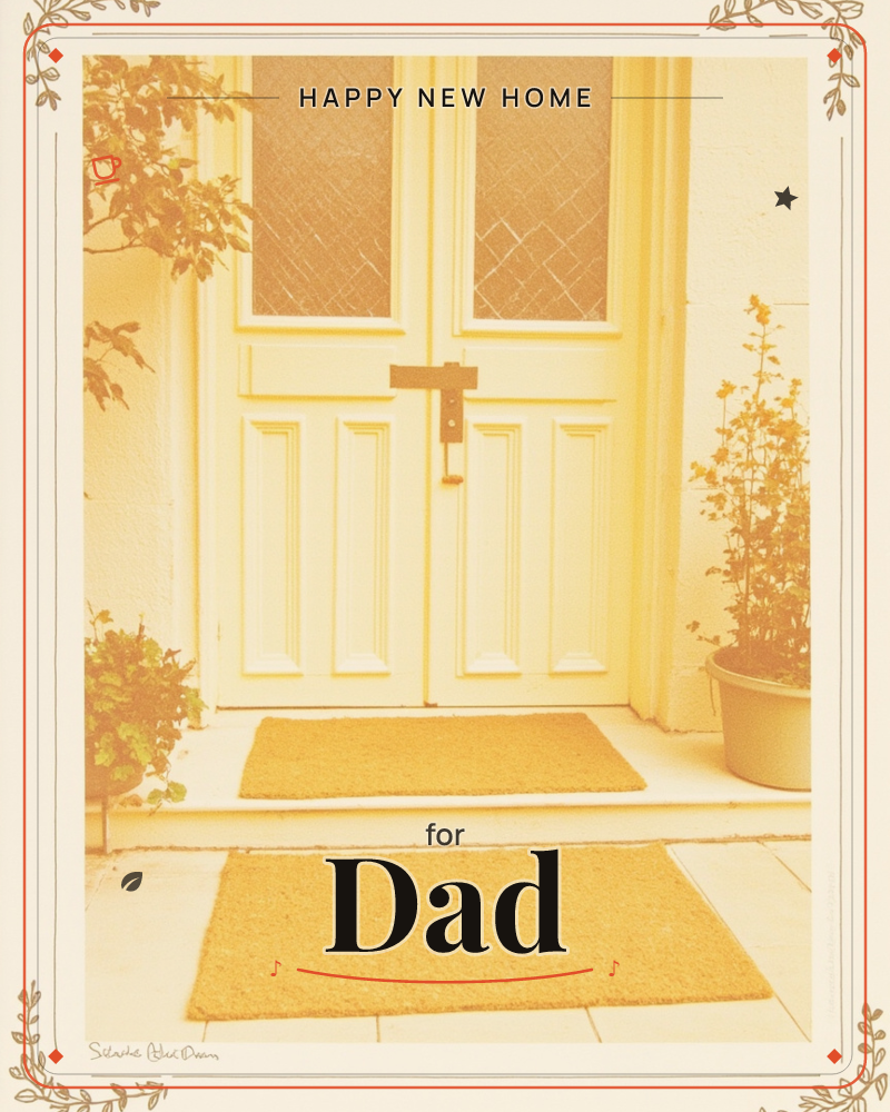 A photograph in sepia-gold tones shows a panelled front door with diamond-leaded glass and a brass letterbox, flanked by potted plants and two coir…, a new home e-card design