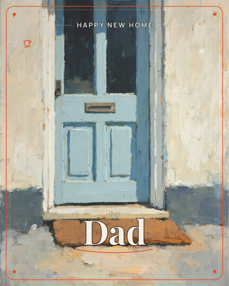 A pale blue front door with dark glazed panels sits in a whitewashed wall, its brass letterbox catching the light, a new home e-card design