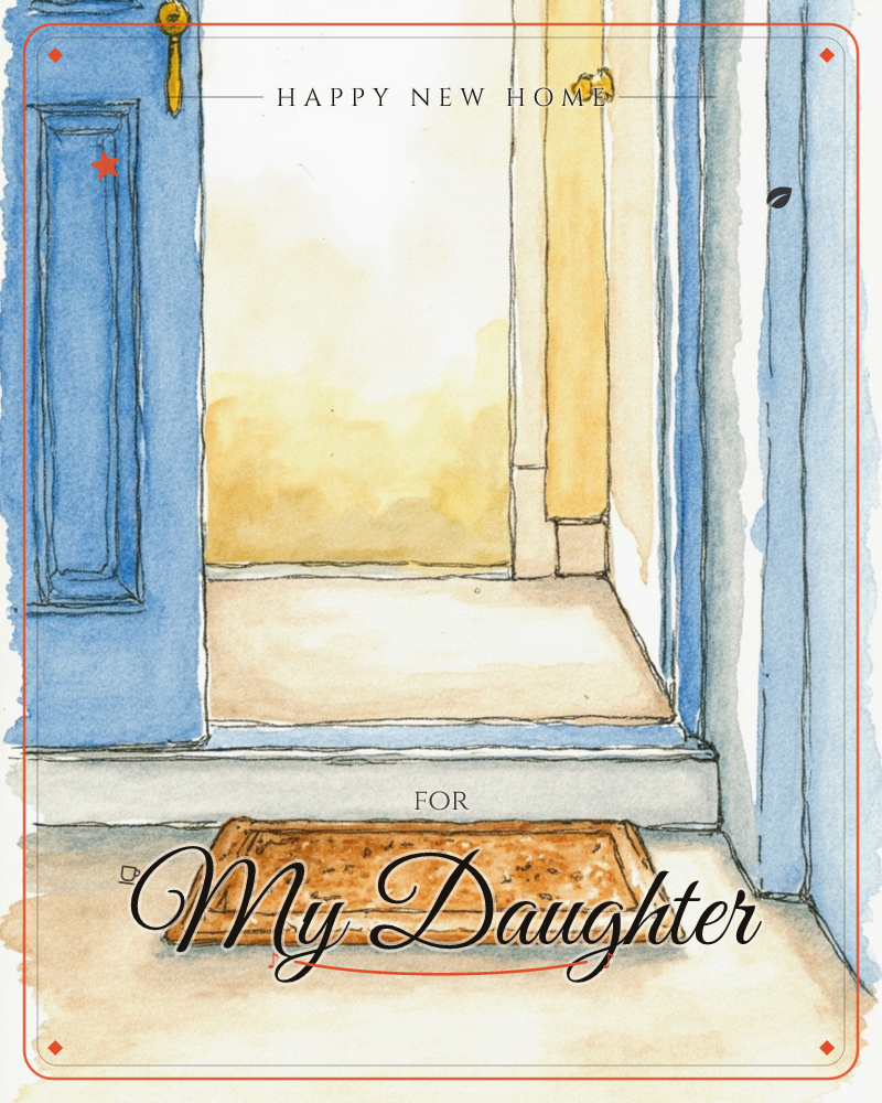 A watercolour painting of an open front door with soft blue-grey panelling, framing a warm golden glow spilling in from outside, a new home e-card design