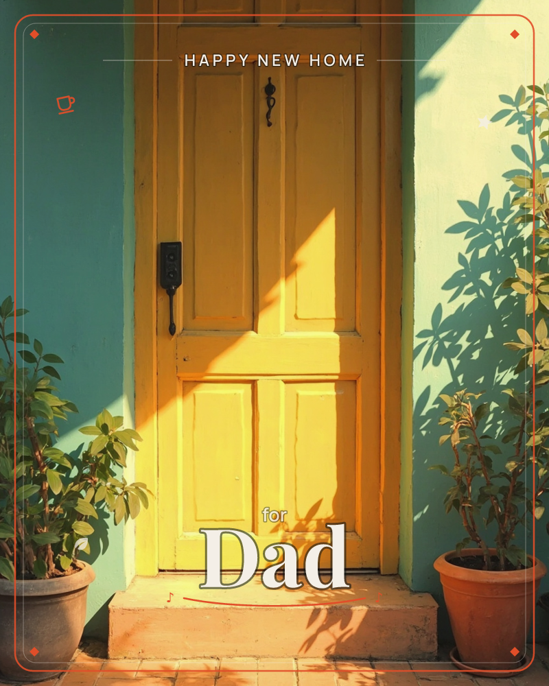 A bright yellow wooden door with paneled detailing sits framed by a teal-painted wall, flanked by two potted plants on a terracotta-tiled step, a new home e-card design