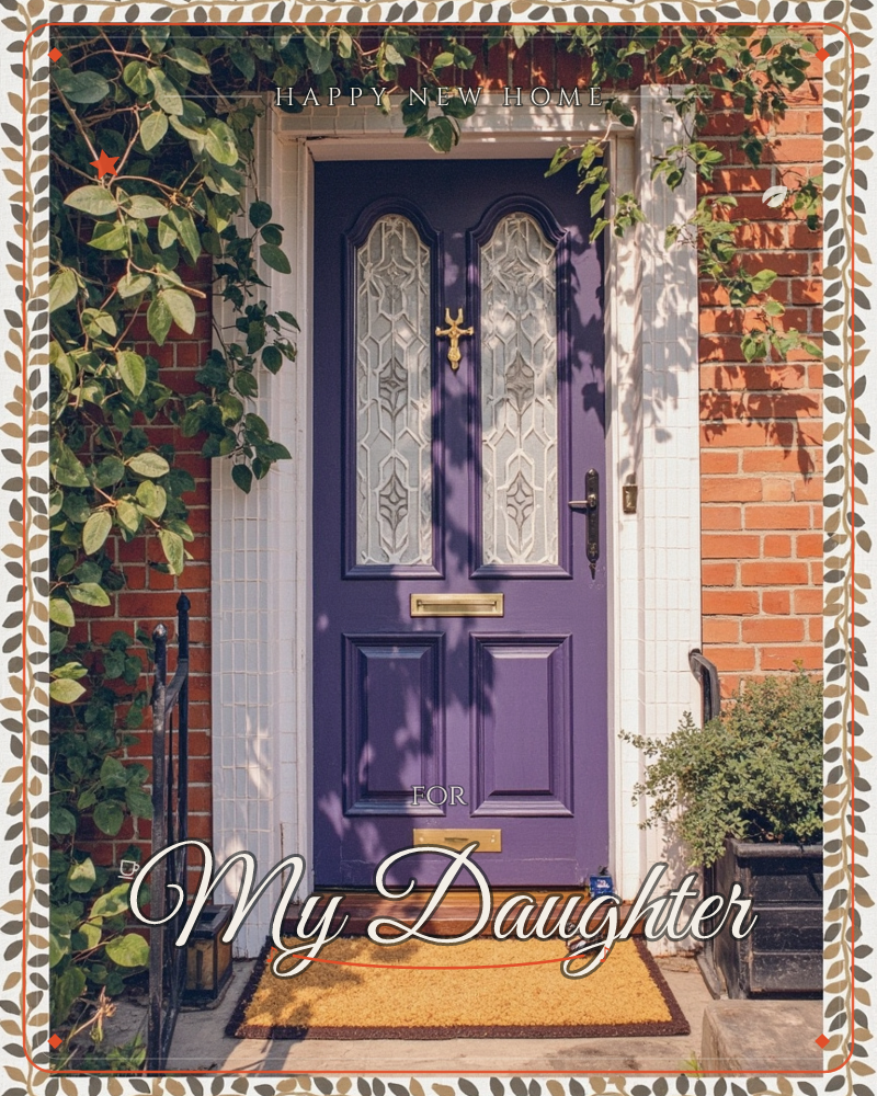 A deep purple front door sits framed in white trim between red brick walls, its arched glass panels and brass letterbox catching the afternoon sun, a new home e-card design