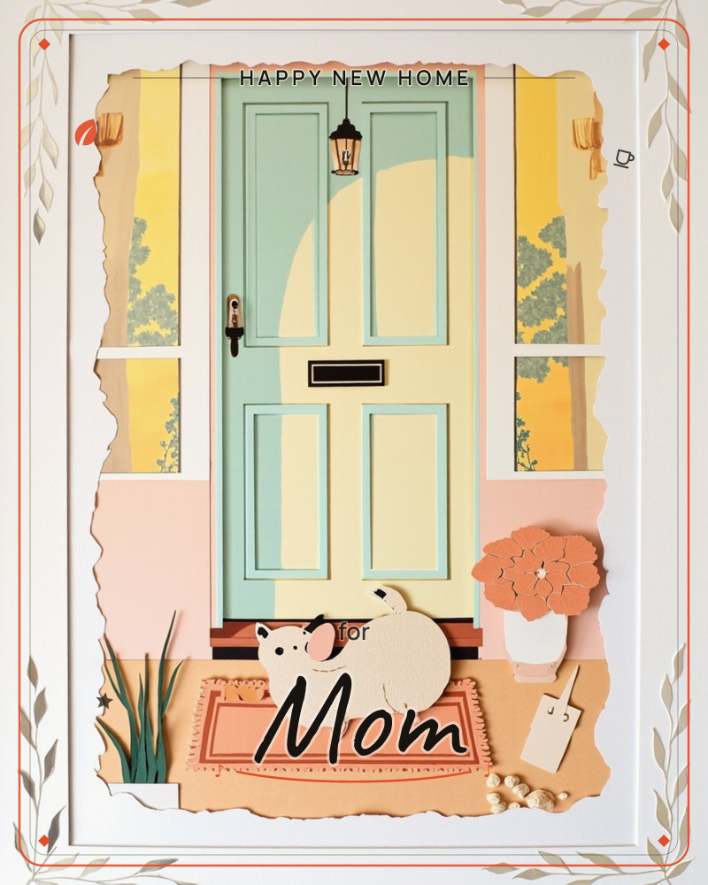 A layered paper-craft illustration of a mint-green front door with a lantern light and brass letterbox, framed by yellow shuttered windows showing…, a new home e-card design