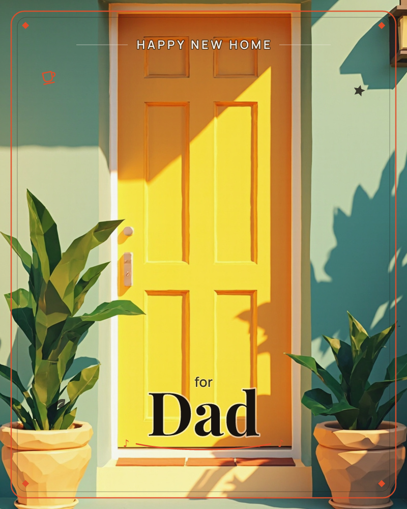 A sunlit front door glows in warm orange and yellow paneling, framed by a soft teal wall and dappled leaf shadows, a new home e-card design