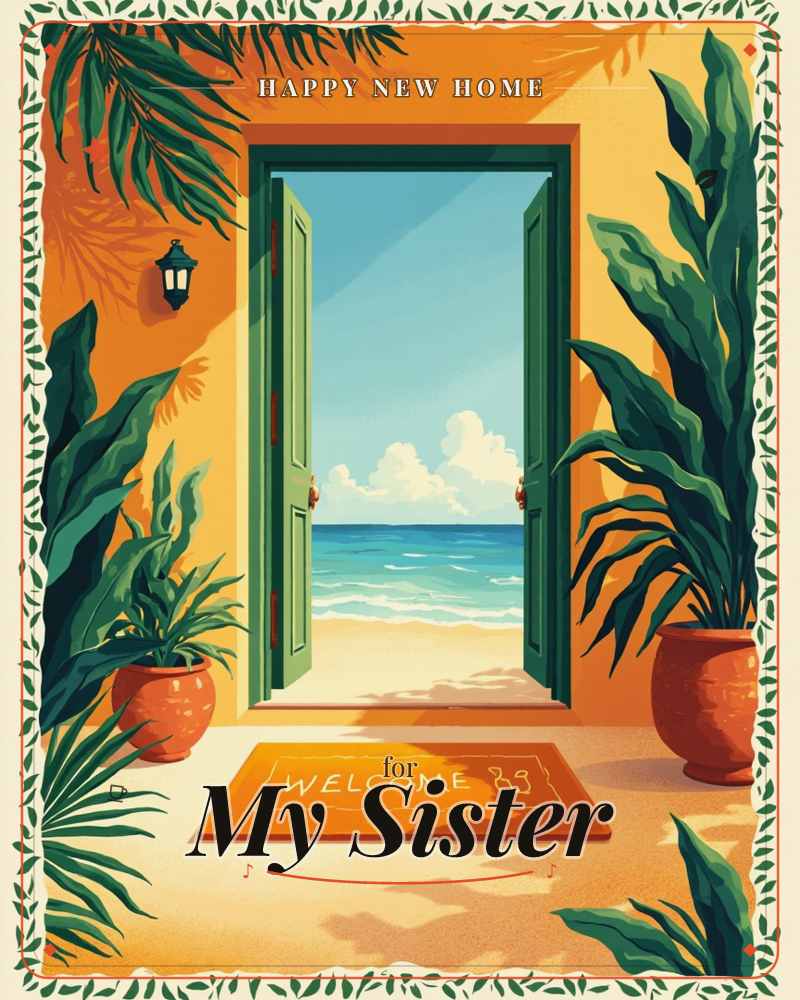An open green door in a sunlit orange wall reveals a bright stretch of beach with turquoise waves and puffy clouds beyond, a new home e-card design