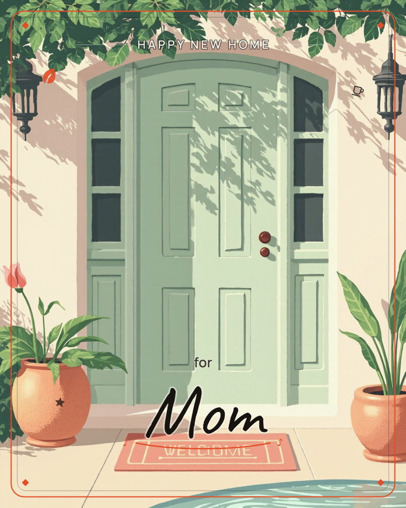 A sage-green front door sits framed by narrow sidelight windows, flanked by two terracotta planters holding a tulip and a leafy houseplant, a new home e-card design