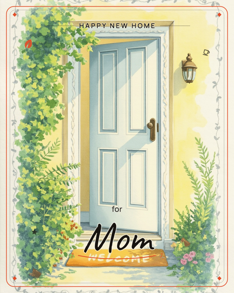 A pale blue front door stands ajar against a sunlit yellow house wall, framed by climbing ivy and ferns on one side and tall greenery with pink…, a new home e-card design