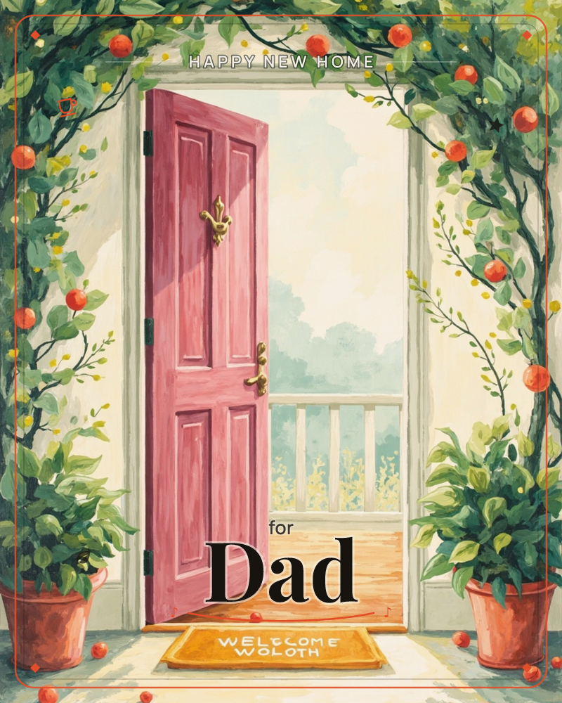An open pink door stands framed by an arch of leafy vines heavy with small red fruit, potted plants flanking the threshold on either side, a new home e-card design