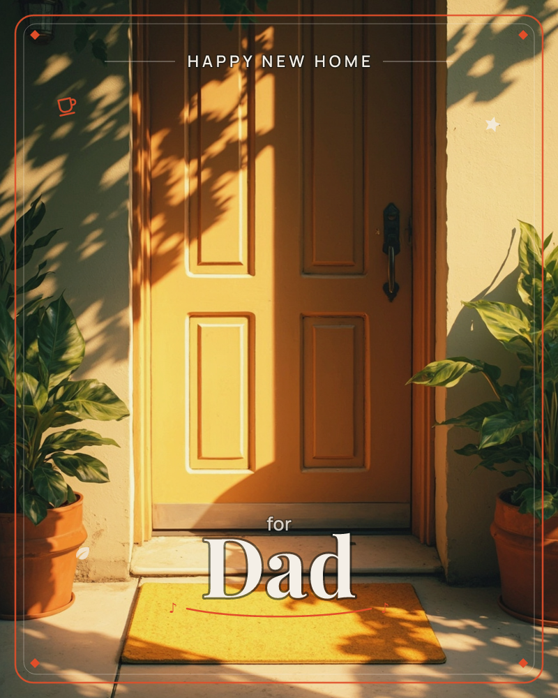 A mustard-yellow front door sits framed by dappled tree shadows, warm afternoon light spilling across its panels and the matching doormat below, a new home e-card design