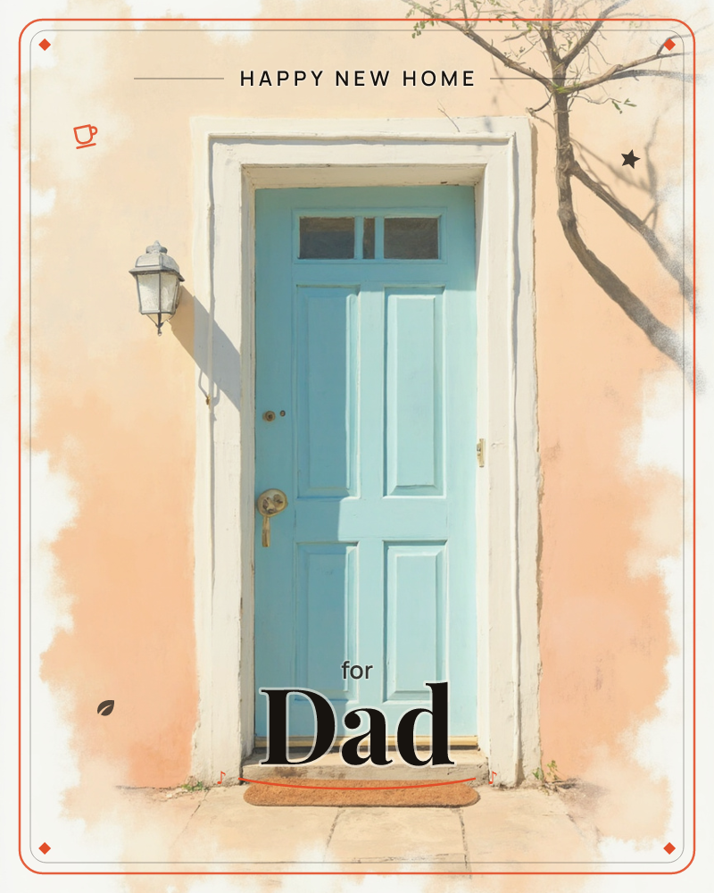 A pale turquoise front door sits framed in white trim against a sun-warmed peach-coloured wall, a brass lantern hanging to one side and a bare tree…, a new home e-card design