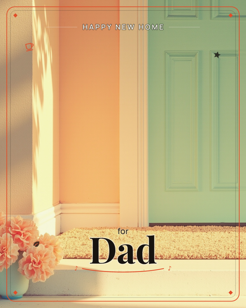 A mint-green front door sits in an orange-washed entryway, warm afternoon sun casting a dappled tree shadow across the wall beside it, a new home e-card design