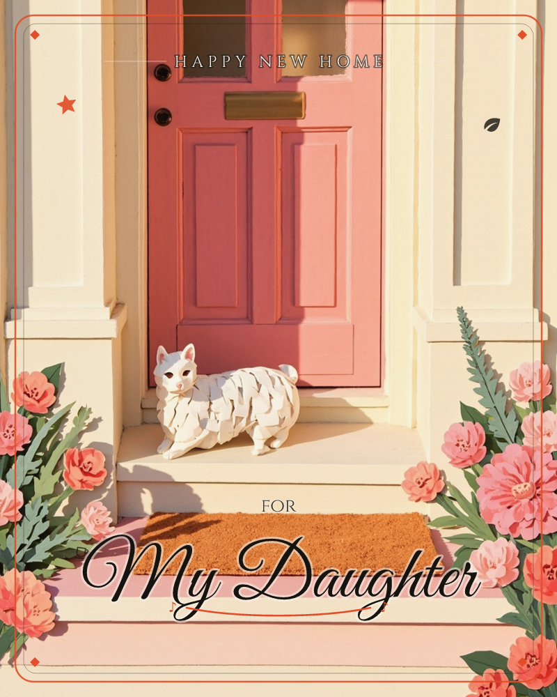A sculpted white cat with feathered, layered fur sits on a sunlit doorstep before a coral-pink front door with a brass mailslot, a new home e-card design