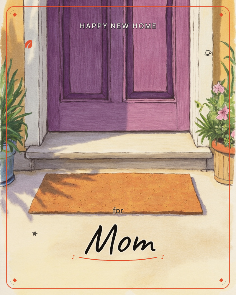 A purple front door stands open onto a sunlit stoop, with an orange doormat laid out front and centre, a new home e-card design