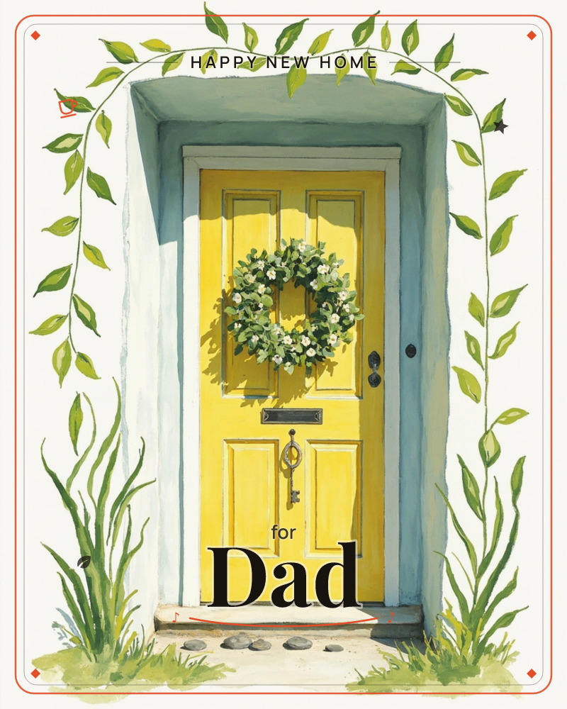 A cheerful yellow front door sits framed by a pale blue doorway, with a leafy vine arching overhead and trailing down both sides, a new home e-card design