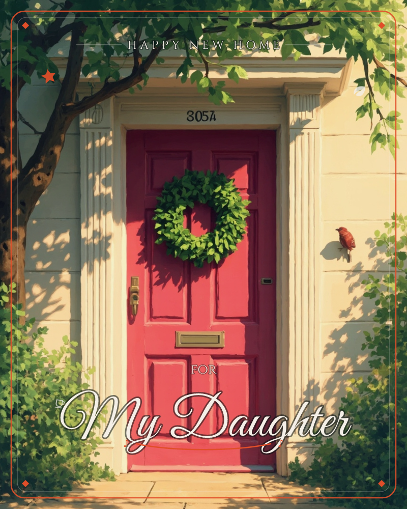 A pink front door with a green wreath sits framed by cream stone columns and dappled tree shade, its brass mail slot and handle catching the sunlight, a new home e-card design