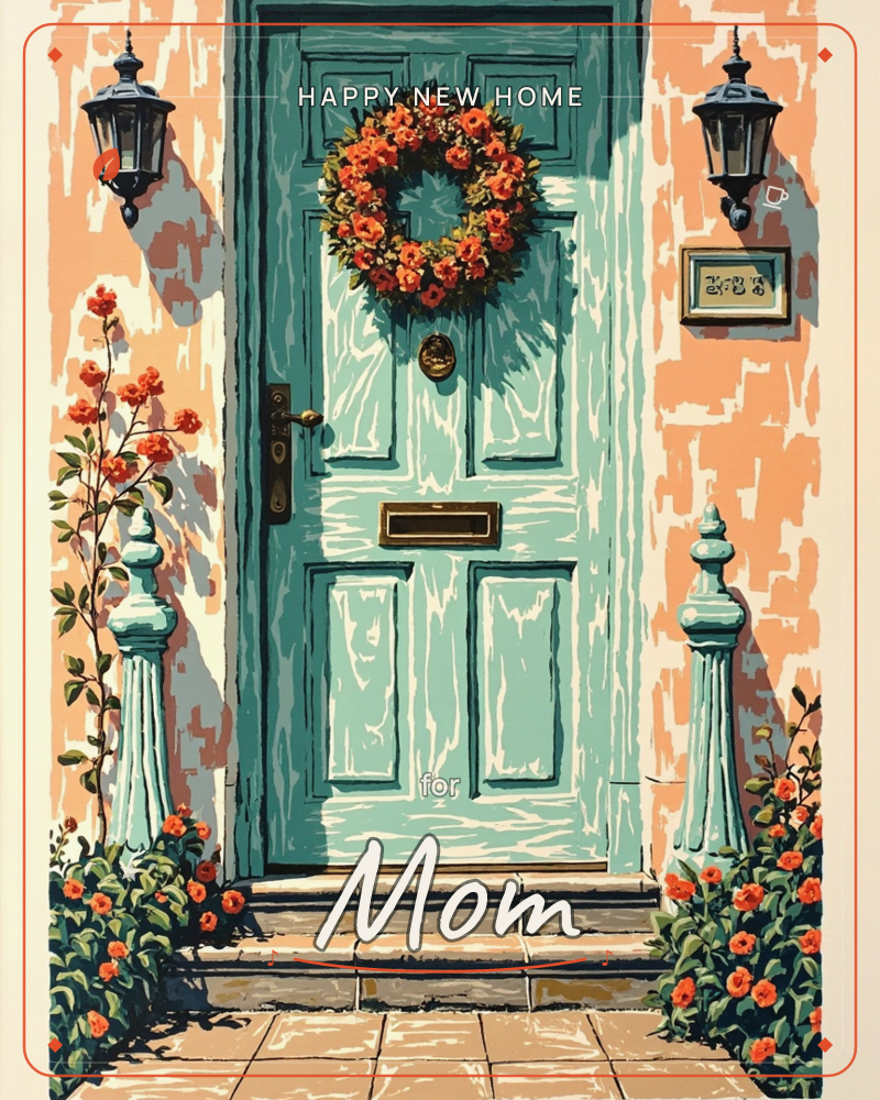 A weathered turquoise front door hangs with a bright wreath of orange and red blooms, flanked by black lanterns and a brass letterbox, a new home e-card design
