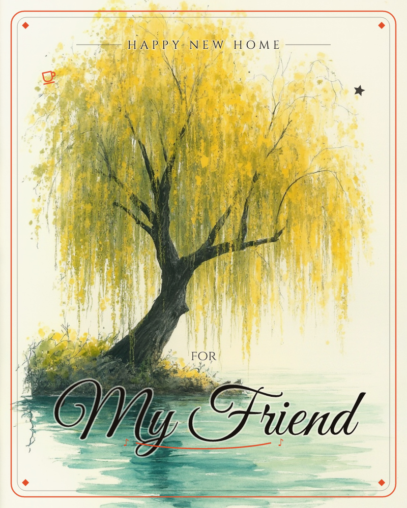 A weeping willow leans over a small grassy bank, its golden-yellow leaves cascading down toward a calm teal-green pond, a new home e-card design