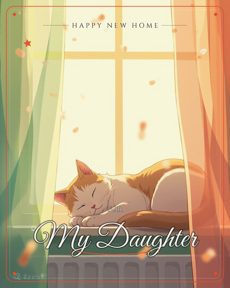 An orange and white cat curls up fast asleep on a sunlit windowsill, framed by sheer green and coral curtains drifting in the breeze, a new home e-card design
