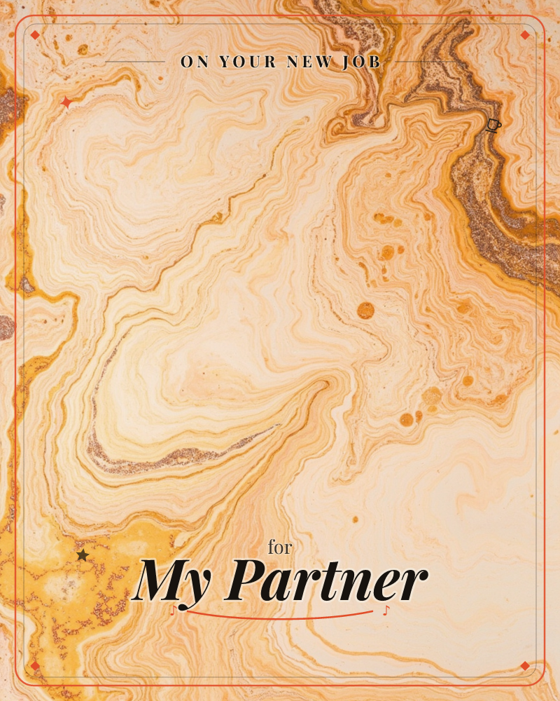 An abstract marbled swirl in warm cream and amber tones, with rippling bands of colour folding into one another like agate stone or poured paint, a new job e-card design