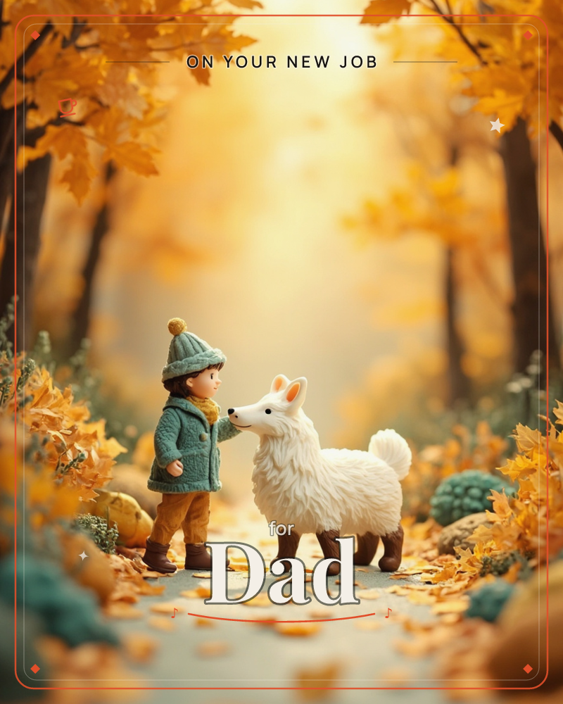 A small child in a teal knit hat and coat stands on a leaf-strewn path, reaching out to touch the nose of a fluffy white dog, both rendered as soft…, a new job e-card design