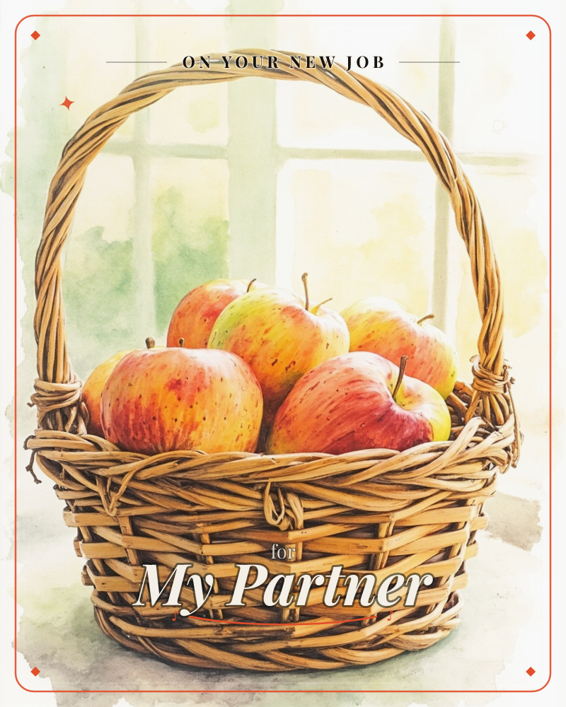 A woven wicker basket with a tall looped handle sits full of red and yellow speckled apples, positioned on a windowsill with soft green and gold light…, a new job e-card design