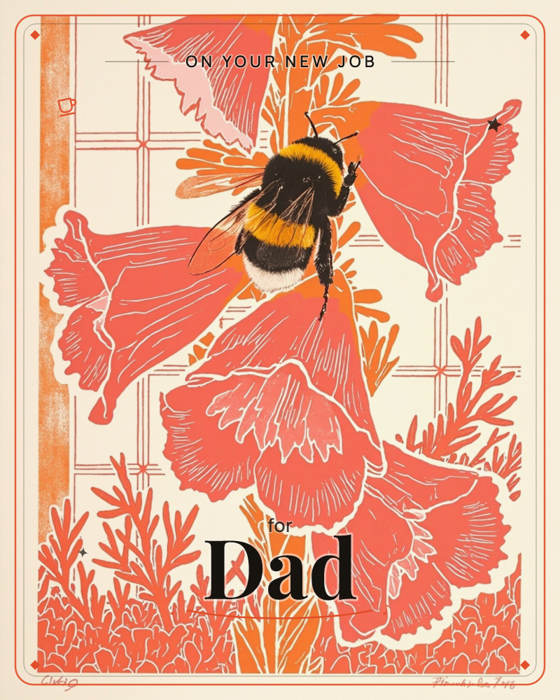 A large striped bumblebee lands heavily on a cluster of ruffled coral-pink poppies, printed in bold overlapping lines of orange and pink against a…, a new job e-card design