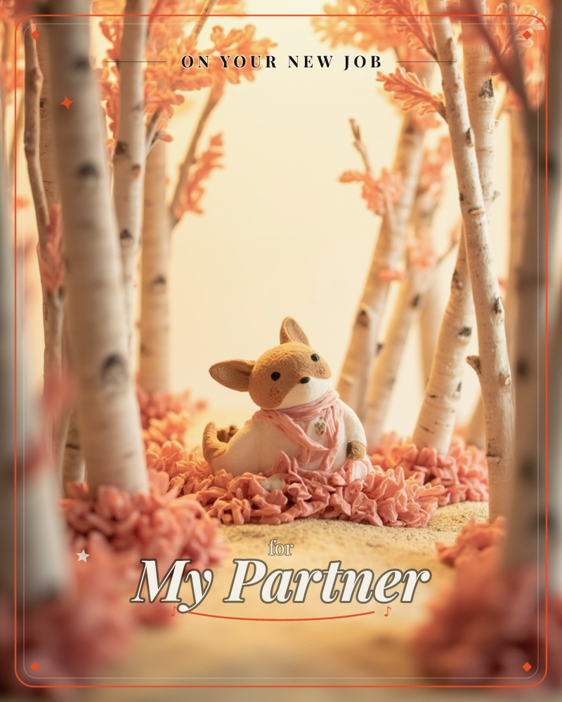 A small clay fox in a pink knitted scarf sits on a path through a miniature birch forest, its coral-leaved trees crafted from clustered paper or felt…, a new job e-card design