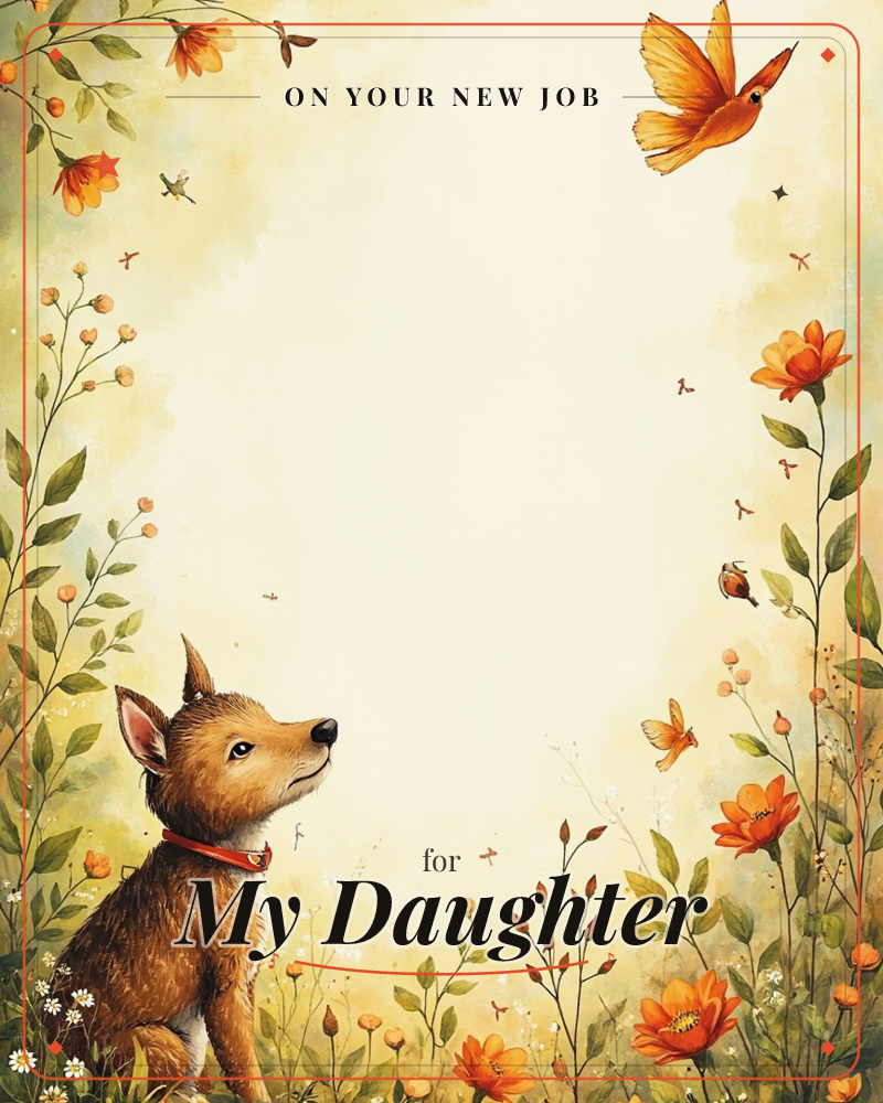 A young dog with a red collar sits at the bottom of the frame, gazing upward at a golden bird gliding overhead, a new job e-card design