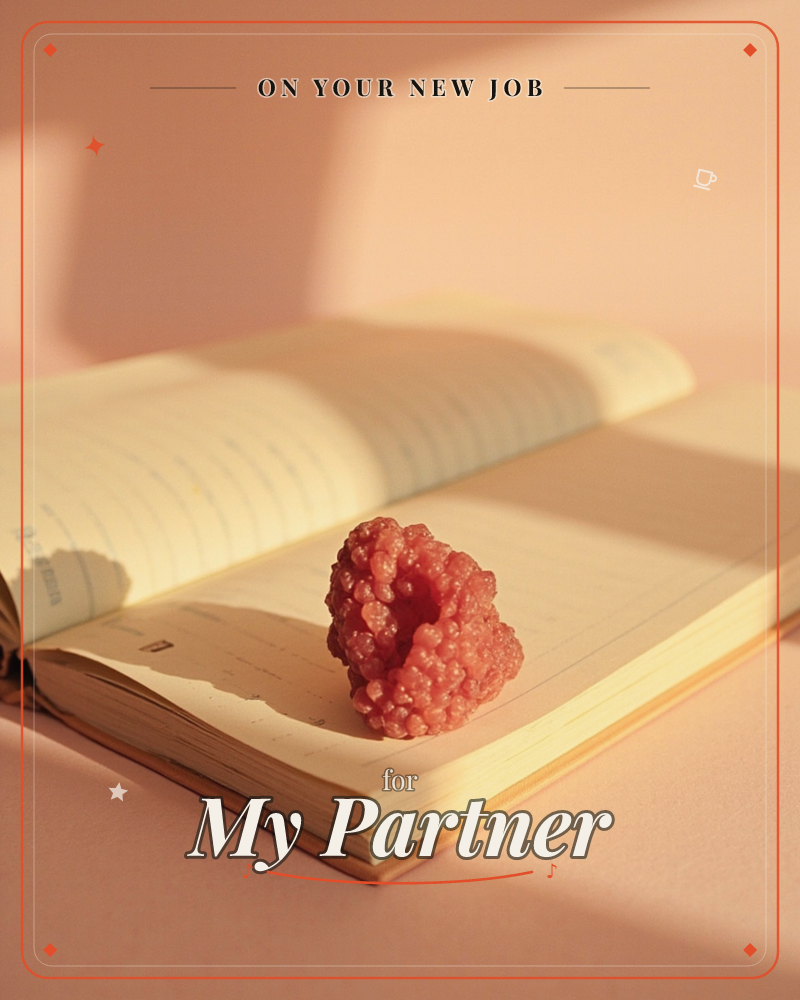 A pink, crystalline mineral cluster rests on the open page of a lined ledger, warm late-afternoon light casting long shadows across the paper, a new job e-card design