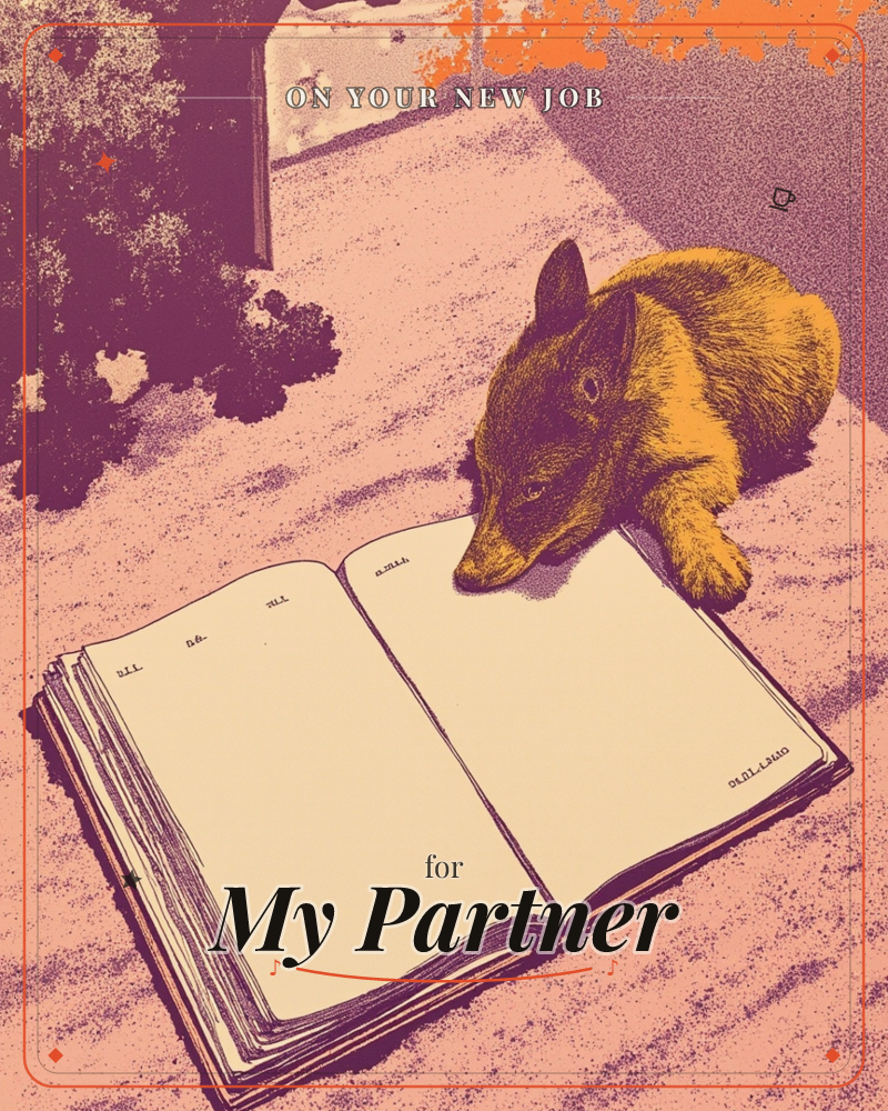 A textured illustration in gritty halftone shows a golden-furred dog resting its chin over the pages of a large open book lying on a sunlit path, a new job e-card design