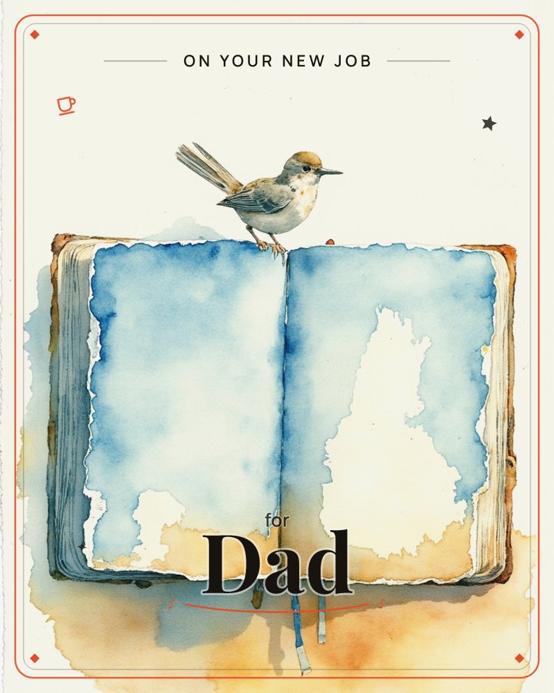 An open, weathered book with tea-stained edges lies at the center, its pages washed in pale blue watercolour that fades into cloud-like white patches, a new job e-card design