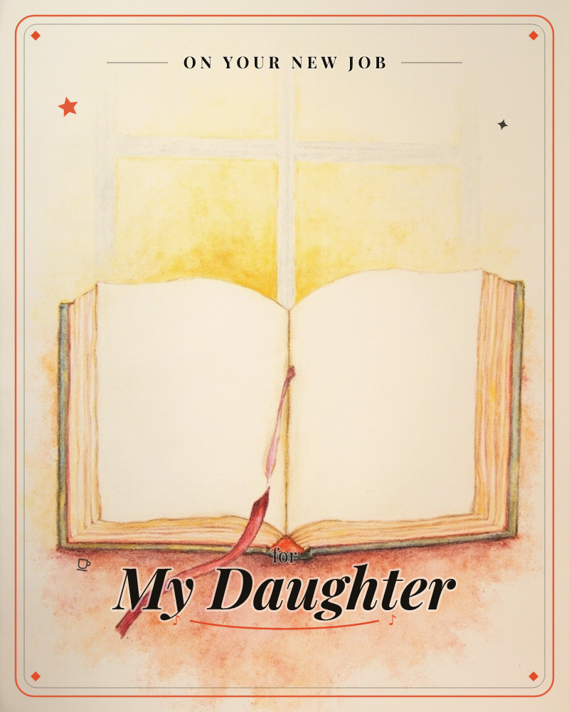 An open book with blank cream pages rests before a sunlit window divided into four panes, its glow washing the paper in soft gold, a new job e-card design